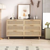 Dans Les Nuages - Commode 130 cm, 6 tiroirs en rotin, étagères, poignées en Métal, anti-basculement, armoire de salon chambre de rangement - Marron