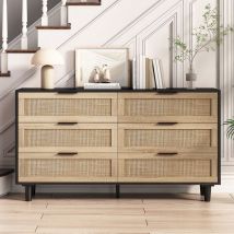 Dans Les Nuages - Commode 130 cm, 6 tiroirs en rotin, étagères, poignées en Métal, anti-basculement, armoire de salon chambre de rangement - Noir