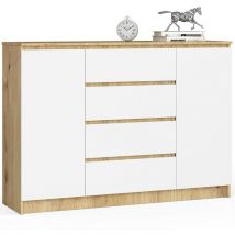 Akord - Commode K140 Chêne Artisan 138 cm 2 portes 4 tiroirs façade Blanche 4 étagères 138x40x99 cm