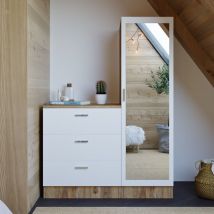 Armoire Multi-Usage en Pin Atlantique et Blanc - 40x140 cm, Profondeur 47 cm, 3 Tiroirs, Cadre Métallique, Étagères Nombreuses