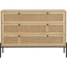 Homifab - Commode 3 tiroirs en cannage naturel et effet chêne 105 cm - Iris