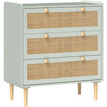 Homcom - Commode 3 tiroirs style bohème chic cannage en rotin piètement effet bois vert de gris