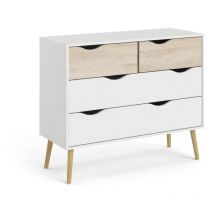 Tvilum - Commode 4 tiroirs - Blanc / Chene - Pietement évasé en bois massif - 98,7 x 39,1 x 81,7 cm