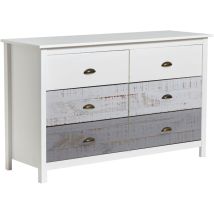 Commode 6 Tiroirs 130x45x80 Cm En Pin Blanc, Gris Et Beige - Kinda