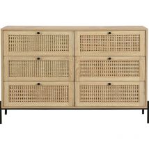 Homifab - Commode 6 tiroirs en cannage naturel et effet chêne 120 cm - Iris
