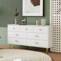 Okwish - Buffet blanc, 7 tiroirs, poignées dorées, pieds dorés, glissières de tiroir lisses, 1403576 cm, buffet de salle à manger, armoire de