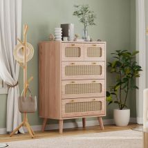 Tanant - Commode 60cm avec 5 tiroirs de Rangement, Commode Chambre en rotin, poignées dorées et pieds en bois, Meuble Tiroir Rangement, Scandinave