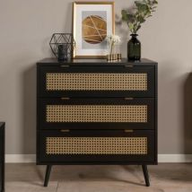 Toscohome - Commode 80x80h cm avec 3 tiroirs noirs avec façades en osier - Vienna03A