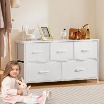 Joeais - Commode à tiroirs en Tissu avec Dessus en Bois et Grand Espace de Rangement, Commode Verticale à 5 tiroirs, Salon, Couloir, Blanc