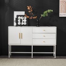Tanant - Commode avec 3 tiroirs et 2 portes, Meuble de Rangement avec poignées dorées et pieds en métal, Buffet Blanc, 120x32x80cm - Blanc