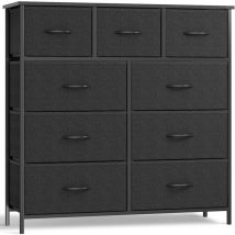 Commode avec 9 Tiroirs en Tissu, Cadre en acier, dessus en bois,unité de rangement, commode pour vêtements, commodes hautes et commodes pour chambre