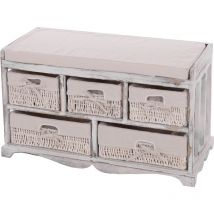 HHG - Commode / banc, 5 paniers, 77x36x45cm, shabby, vintage, blanc