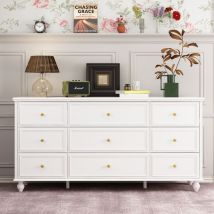 Fufu&gaga – Commode Blanche 9 Tiroirs En Mdf 160 X 40 X 80 Cm – Poignées En Métal Doré – Rangement Optimal Pour Salon