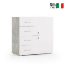 Meuble avec 4 tiroirs et porte avec guides métalliques. Dessus de conteneur en ciment avec portes blanches.