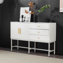 Commode, buffet avec deux portes et trois tiroirs, poignées dorées de différents designs et pieds en métal, dimensions : L120/L32/H80, blanc