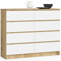 Akord - Commode K120 Chêne Artisan 120 cm 8 tiroirs façade Blanche 120x40x99 cm