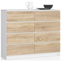 Akord - Commode K120 Blanche 120 cm 8 tiroirs façade Chêne Sonoma 120x40x99 cm