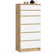 Akord - Commode K60 Chêne Artisan 60 cm 6 tiroirs façade Blanche 60x40x130 cm