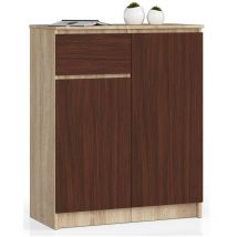 Akord - Commode K80 Chêne Sonoma 80 cm 2 portes 1 tiroir façade Wengé 4 étagères 80x40x99 cm