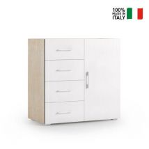 Terraneo - Armoire avec 4 tiroirs et porte avec guides métalliques. Plateau conteneur en chêne avec façades blanches.