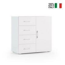 Meuble avec 4 tiroirs et porte avec guides métalliques, dessus de conteneur, dessus en béton blanc