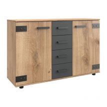 Commode combinée - WIMEX - LAMIA - 2 portes - 4 tiroirs - Chene poutre / Graphite - 130 x 83 x 41 cm