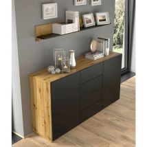 Commode de rangement Meuble Noir/Ch ne artisanale 164x41x89cm AURA 2D4S