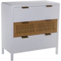 Fijalo - Commode en Bois 3 Tiroirs Blanc/Rotin 80X40X82 Cm, Sapin+Dm+Rat N
