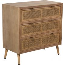 Commode en bois avec 3 tiroirs en rotin naturel, pin + Dm 80X40X80 Cm, hauteur des pieds : 16 Cm