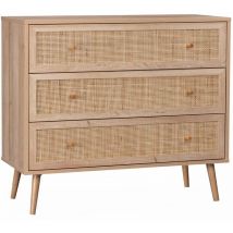 Sweeek - Commode en décor bois et cannage 90x39x79cm - Bohème - 3 tiroirs