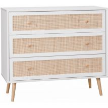 Sweeek - Commode en décor bois blanc et cannage 90x39x79cm - Bohème - 3 tiroirs
