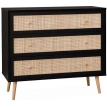 Sweeek - Commode en décor bois noir et cannage 90x39x79cm - Bohème - 3 tiroirs