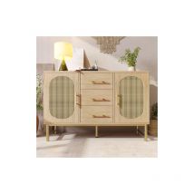 Commode en rotin Sideboard avec 3 tiroirs et 2 portes en rotin,armoire de commode, coiffeuse, pour chambre à coucher et salon, étagères réglables,