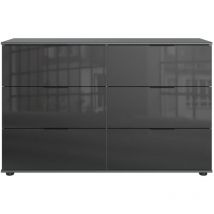 Commode, meuble de rangement à 6 tiroirs coloris graphite, verre noir - Longueur 130 x Hauteur 83 x Profondeur 41 cm