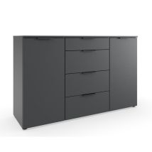 Commode, meuble de rangement avec 2 portes et 4 tiroirs coloris graphite, lamelles imitation chêne Artisan - Longueur 135 x Hauteur 84 x Profondeur