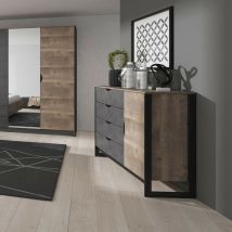 Casa Baoli - Commode Modena 4 Tiroirs 1 Porte 138 cm Coloris Chêne Veilli / Gris