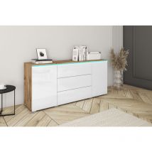 Bratex - Commode vera 150 cm, commode, bahut, éclairage led inclus, couleur wotan/blanc brillant
