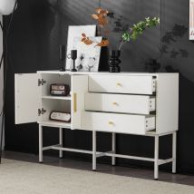 Comò 120x32x80 cm con 3 cassetti e 2 porte, piede e maniglia in metallo, truciolato, bianco