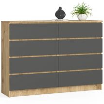 Akord - Cómoda K140 Roble Artisan 138 cm 8 cajones frente en color Grafito Gris 138x40x99 cm