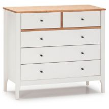 Cómoda de Noche Luca 5 cajones Blanco, Madera Maciza, 90 cm (Ancho) 40 cm (Profundo) 82 cm (Altura)