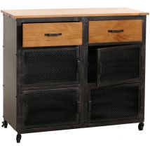 Cómoda HHG 081, mueble, ruedas 2 cajones, estructura 3D retro industrial metal madera 90x100x40cm, negro, natural