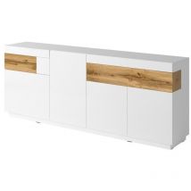 Comfivo - Cómoda Livlore 101, Blanco + Blanco brillante + Roble wotan, Con cajones y puertas, Número de cajones: 0, 84x219x40cm