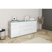 Bratex - Cómoda vera 150 cm , cajonera, aparador, iluminación led incluida, color hormigón/blanco brillo