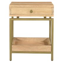 Comodino con scomparto in legno chiaro massello di mango e metallo dorato OCTAVIE
