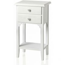 Comodino in stile shabby chic bianco con due cassetti e un ripiano, Comodino in legno mdf decorato con pomelli a rosa in resina. Dimensioni: 37x26x70