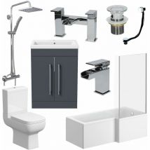 Complete Bathroom Suite rh l Shaped Bath Toilet Vanity Basin Taps Shower Grey - Grey