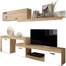 Ventamueblesonline - Mueble Salón Modular Rinconero Conjunto Completo Mueble tv Argos 4 Módulos Blanco Mate y Roble Naturale 293x200x40 cm