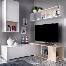 Mobimarket - Composición de salón tv Flexible Blanco Brillo / Natural 180x180/230x41 cm - obi