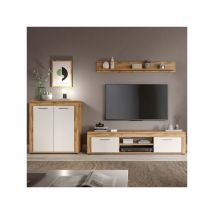 TMM - Composition tv Blanc/Bois - maj N°2 - Dimensions : Buffet l 80 x l 35 x h 88 cm Meuble tv l 160 x l 37 x h 40 cm Etagère l 140 x l 15 x h 20 cm