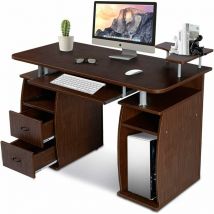 GOPLUS Computertisch, Schreibtisch Buerotisch mit Tastaturauszug, Arbeitstisch, PC-Tisch mit Schubladen, 120x55x85cm Braun